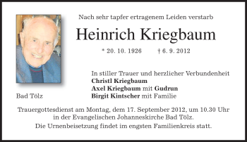 Todesanzeige von Heinrich Kriegbaum von merkurtz