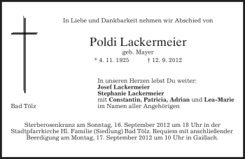 Todesanzeige von Poldi Lackermeier von merkurtz