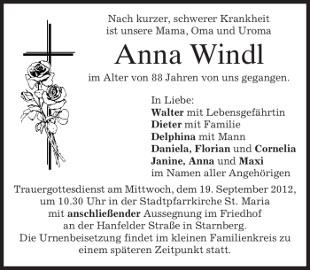 Todesanzeige von Anna Windl von merkurtz