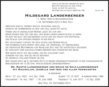 Todesanzeige von Hildegard Landenberger von merkurtz