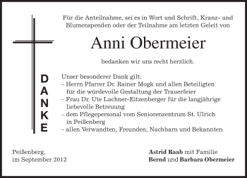 Todesanzeige von Anni Obermeier von merkurtz
