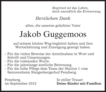 Todesanzeige von Jakob Guggemoos von merkurtz