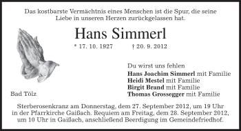 Todesanzeige von Hans Simmerl von merkurtz