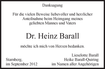 Todesanzeige von Heinz Barall von merkurtz