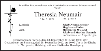 Todesanzeige von Theresia Neumair von merkurtz