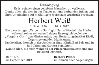 Todesanzeige von Herbert Weiß von merkurtz