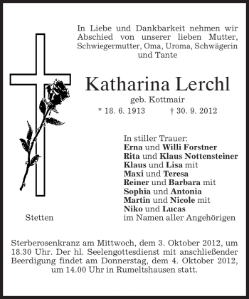 Todesanzeige von Katharina Lerchl von merkurtz