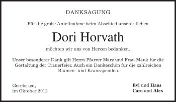 Todesanzeige von Dori Horvath von merkurtz
