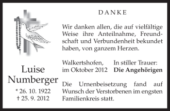 Todesanzeige von Luise Numberger von merkurtz