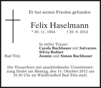 Todesanzeige von Felix Haselmann von merkurtz