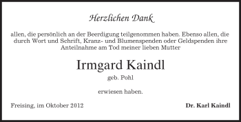 Todesanzeige von Irmgard Kaindl von merkurtz