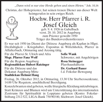 Todesanzeige von Josef Gleich von merkurtz