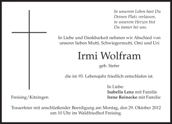 Todesanzeige von Irmi Wolfram von merkurtz