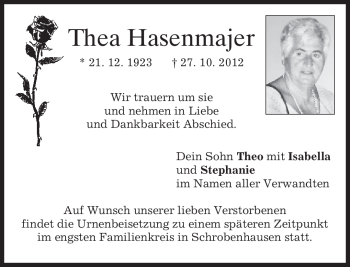 Todesanzeige von Thea Hasenmajer von merkurtz
