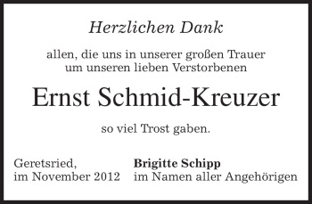 Todesanzeige von Ernst Schmid-Kreuzer von merkurtz