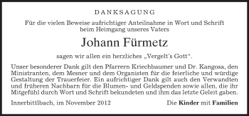 Todesanzeige von Johann Fürmetz von merkurtz
