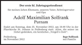 Todesanzeige von Adolf Maximilian Solfrank Purnam von merkurtz