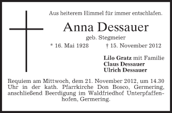Todesanzeige von Anna Dessauer von merkurtz