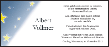 Todesanzeige von Albert Vollmer von merkurtz