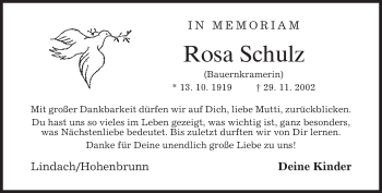 Todesanzeige von Rosa Schulz von merkurtz