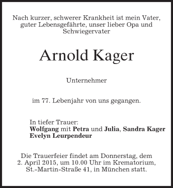 Todesanzeige von Arnold Kager von merkurtz
