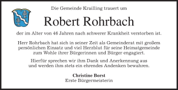 Todesanzeige von Robert Rohrbach von merkurtz