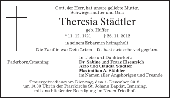 Todesanzeige von Theresia Städtler von merkurtz