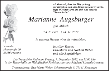 Todesanzeige von Marianne Augsburger von merkurtz