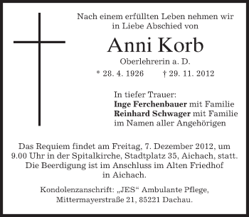 Todesanzeige von Anni Korb von merkurtz