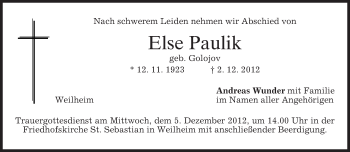 Todesanzeige von Else Paulik von merkurtz