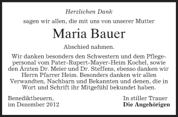 Todesanzeige von Maria Bauer von merkurtz
