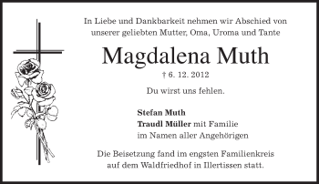 Todesanzeige von Magdalena Muth von merkurtz