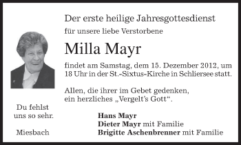 Todesanzeige von Milla Mayr von merkurtz