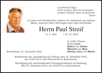 Todesanzeige von Paul Streif von merkurtz