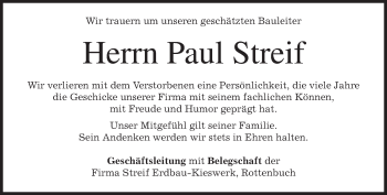 Todesanzeige von Paul Streif von merkurtz