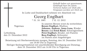 Todesanzeige von Georg Englhart von merkurtz