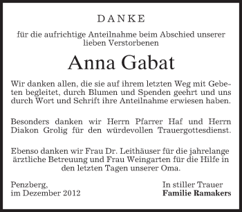 Todesanzeige von Anna Gabat von merkurtz