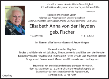 Todesanzeige von Elisabeth Anna von der Heyden von merkurtz