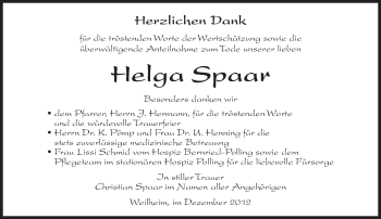 Todesanzeige von Helga Spaar von merkurtz