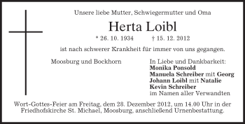 Todesanzeige von Herta Loibl von merkurtz