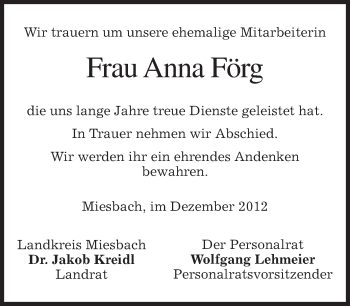 Todesanzeige von Anna Förg von merkurtz
