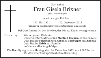 Todesanzeige von Gisela Brixner von merkurtz
