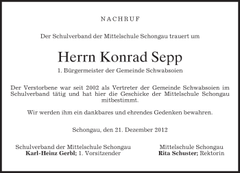 Todesanzeige von Konrad Sepp von merkurtz