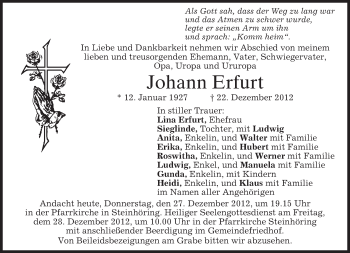 Todesanzeige von Johann Erfurt von merkurtz