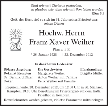 Todesanzeige von Franz Xaver Weiher von merkurtz