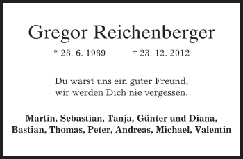 Todesanzeige von Gregor Reichenberger von merkurtz