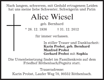 Todesanzeige von Alice Wiesel von merkurtz