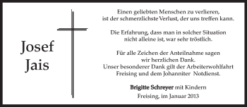 Todesanzeige von Josef Jais von merkurtz