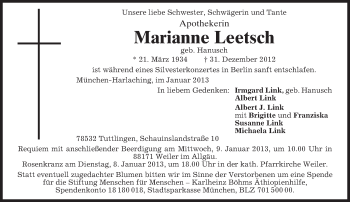 Todesanzeige von Marianne Leetsch von merkurtz