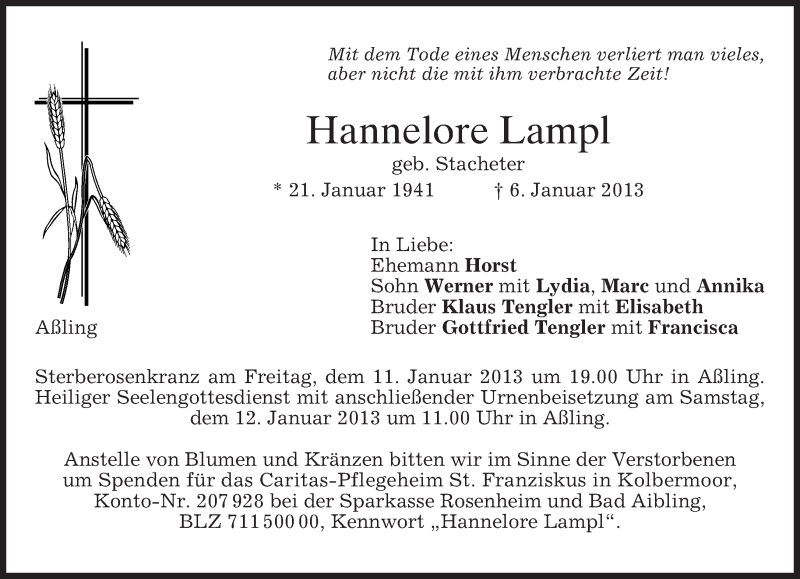  Traueranzeige für Hannelore Lampl vom 09.01.2013 aus merkurtz